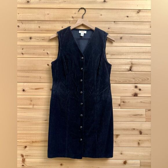 Vintage Talbots Small Black Thick Corduroy Button Front Mini Dress Goth Academia - Picture 1 of 11